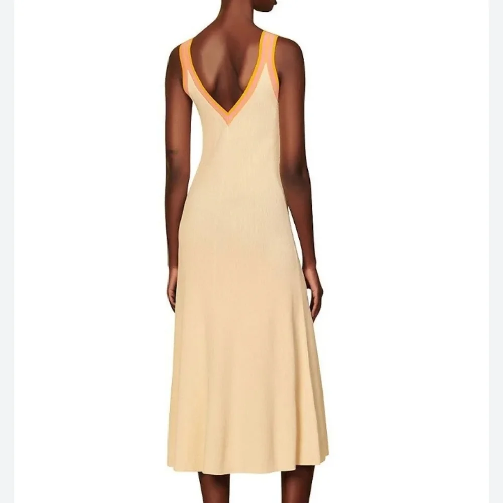 Sandro Piana V Neck Ribbed Midi Dress Ecru Orange Boarder Stripe 42 - Picture 4 of 16